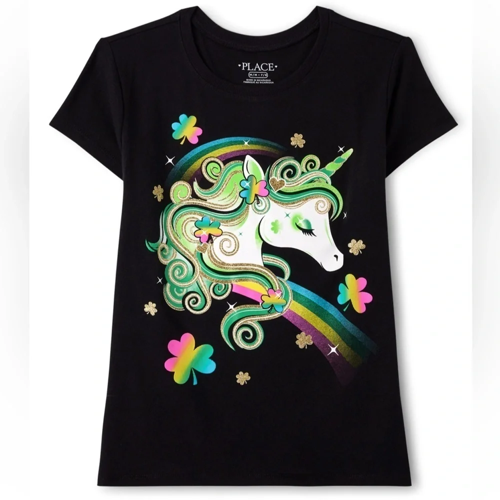 Girls St. Patrick's Day Unicorn Graphic Tee - Black